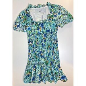 Zara XS Floral Smocked Mini Dress Womens Blue Green Derby Puff Sleeve Ruffle